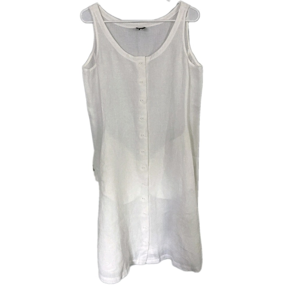 Eileen Fisher Dress Womens M White 100% Linen Button Front A Line Pockets EUC